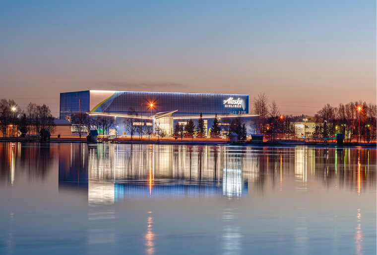 Exterior picture at dusk of the Alaska Airlines Maintenance & Operations Facility