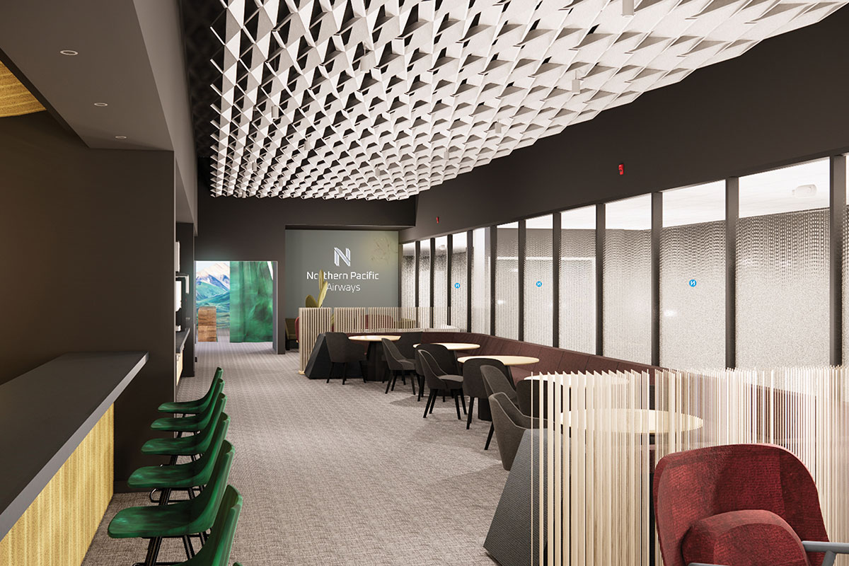 Rendering of dining area inside Northern Pacific Airways ANC Lounge