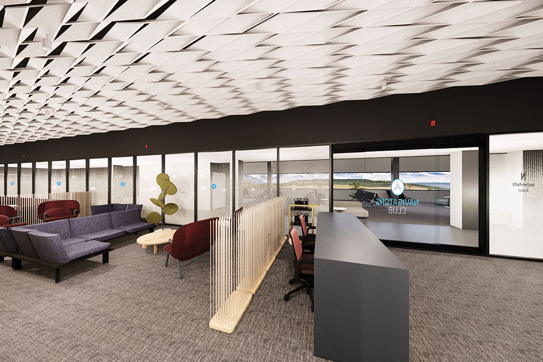 Rendering of foyer of Northern Pacific Airways ANC Lounge