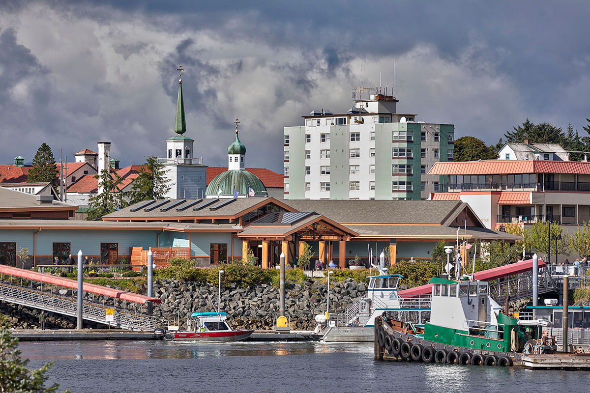 Exterior view of the Harrigan Centennial Hall with Sitka buildings behind.