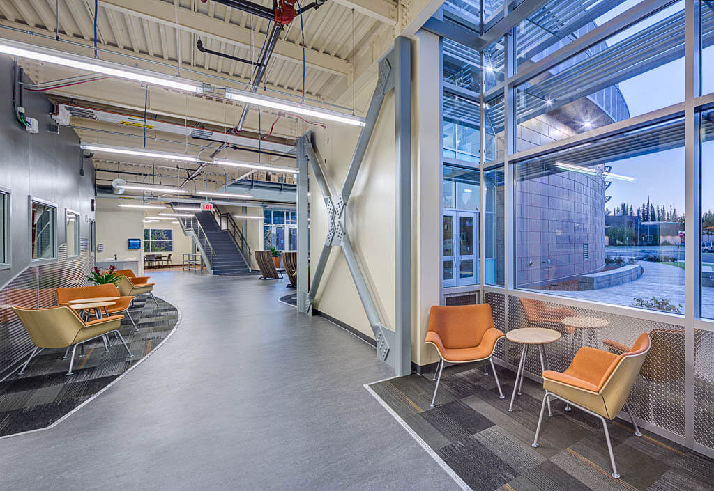 Hallway with seating areas inside the UAA Kenai Career Technical Center