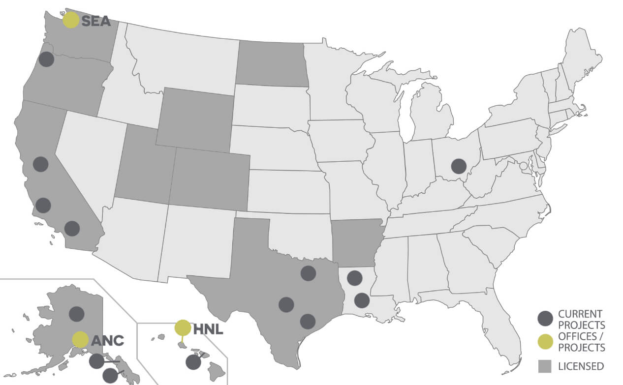 Map of United States with projects and offices plotted.