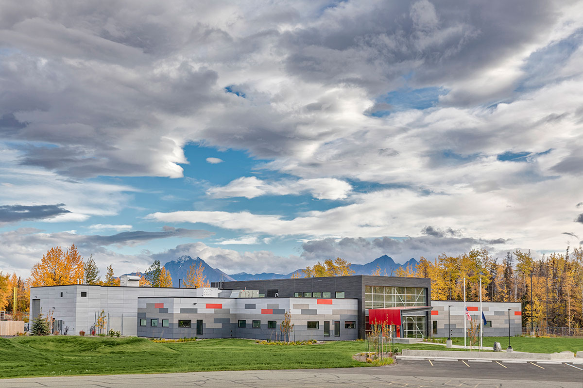 Exterior of Wasilla Police Station with mountain views